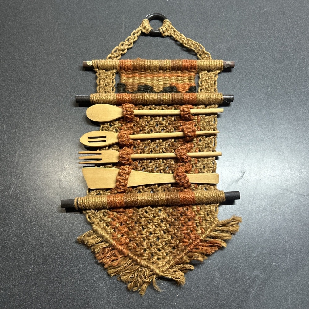 Vintage 1970s Macrame Decorative Hanging Boho Hippie 25" X 15" Kitchen Decor